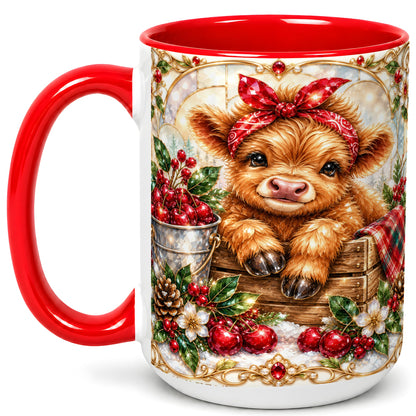 #pl[15oz|Red] Christmas Highland Cow Coffee Mug, Holiday Cow Mug, Ceramic Cup