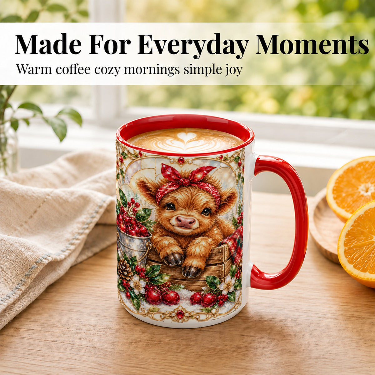 #pl[15oz|Red] Christmas Highland Cow Coffee Mug, Holiday Cow Mug, Ceramic Cup