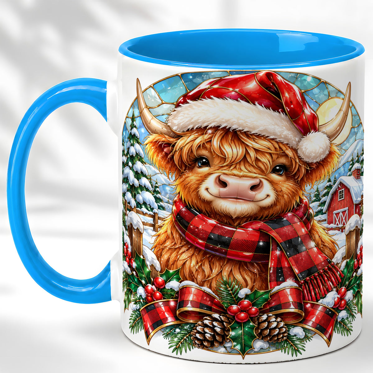 #pl[11oz|Blue] Santa Highland Cow Coffee Mug, Christmas Cow Mug, Ceramic Cup