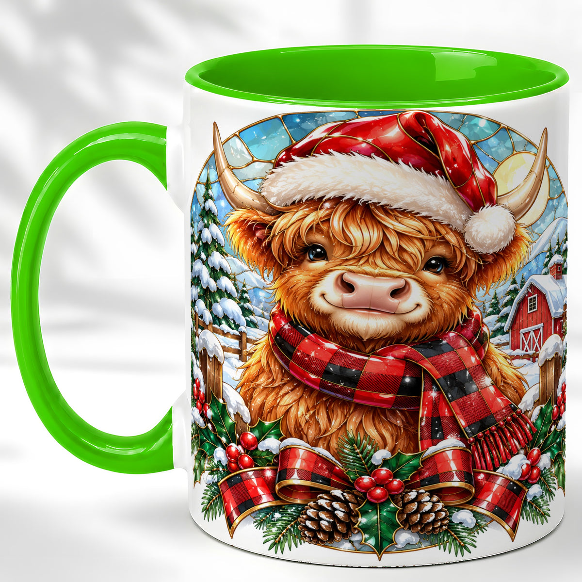 #pl[11oz|Green] Santa Highland Cow Coffee Mug, Christmas Cow Mug, Ceramic Cup