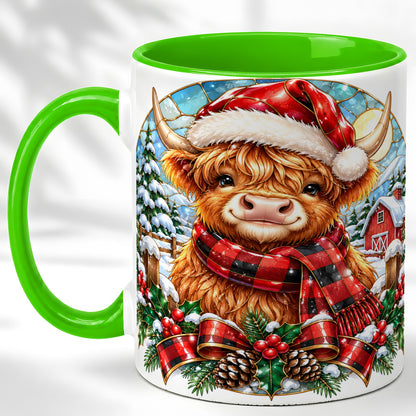 #pl[11oz|Green] Santa Highland Cow Coffee Mug, Christmas Cow Mug, Ceramic Cup