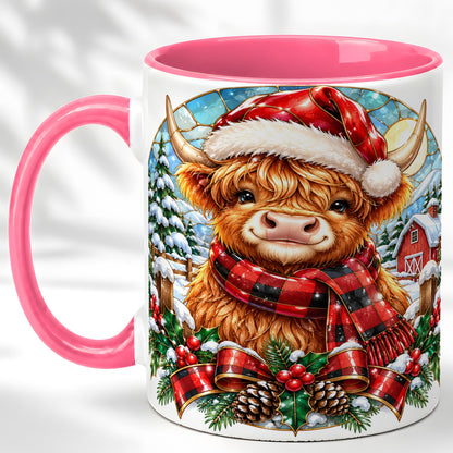 #pl[11oz|Pink] Santa Highland Cow Coffee Mug, Christmas Cow Mug, Ceramic Cup