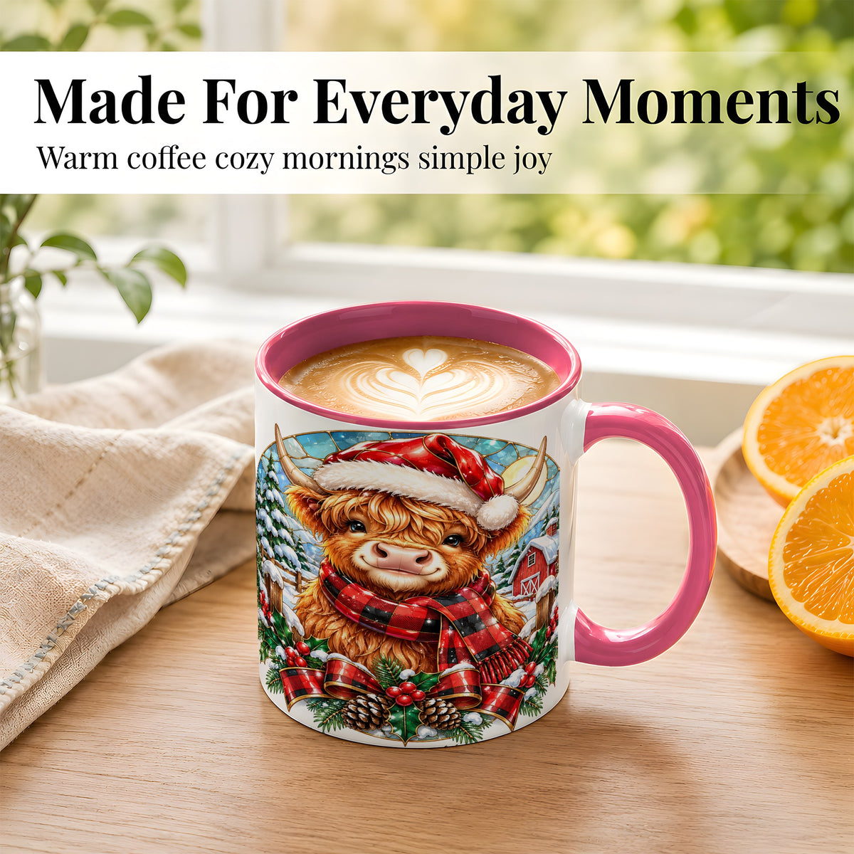 #pl[11oz|Pink] Santa Highland Cow Coffee Mug, Christmas Cow Mug, Ceramic Cup