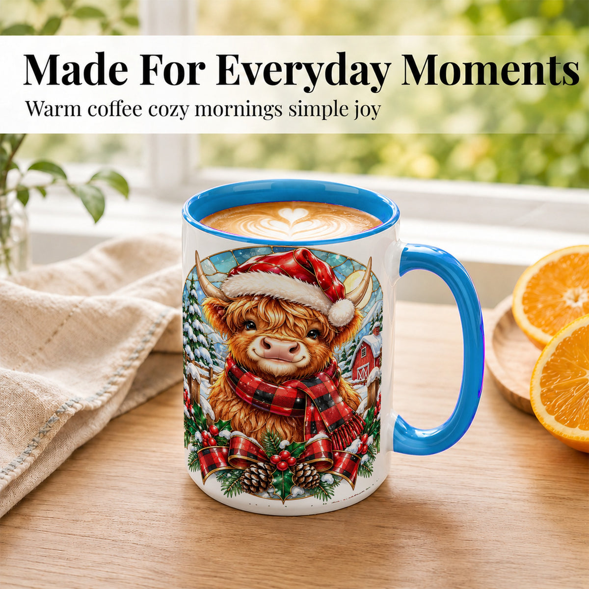 #pl[15oz|Blue] Santa Highland Cow Coffee Mug, Christmas Cow Mug, Ceramic Cup
