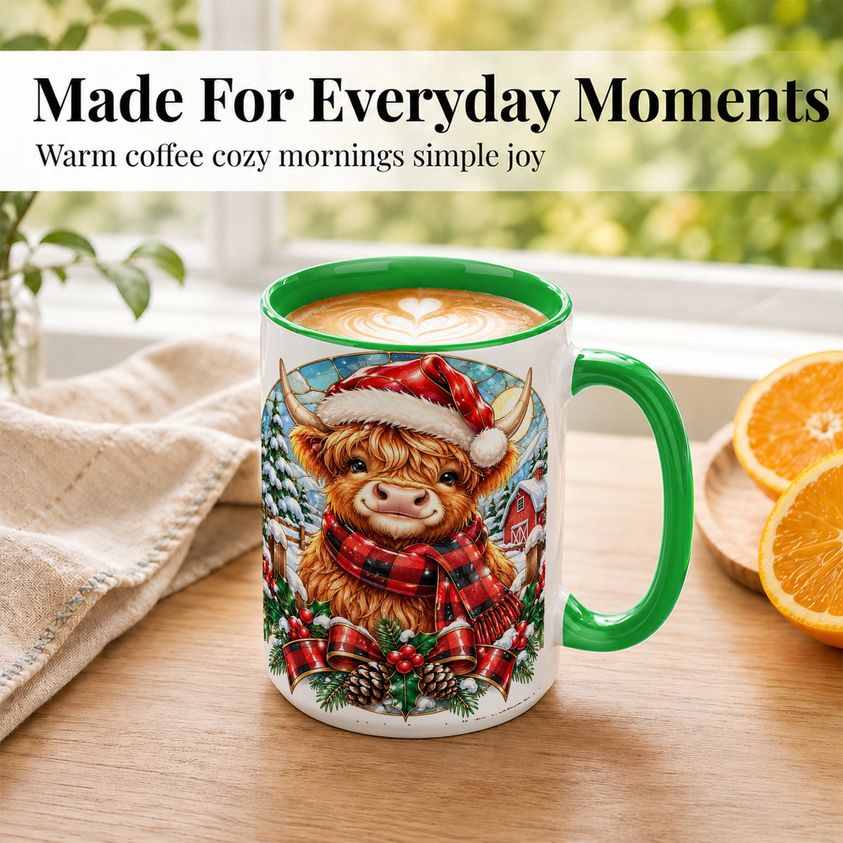#pl[15oz|Green] Santa Highland Cow Coffee Mug, Christmas Cow Mug, Ceramic Cup