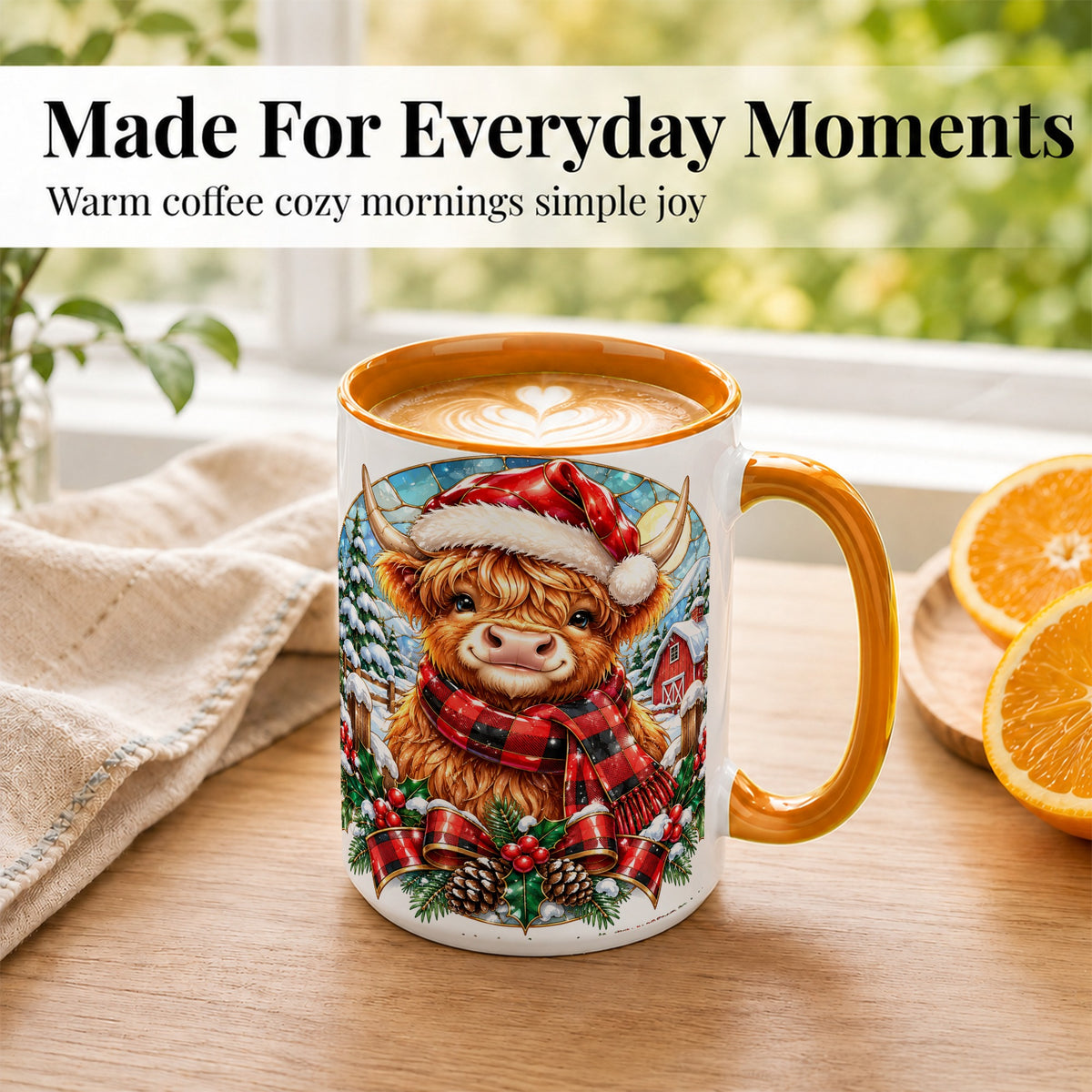 #pl[15oz|Orange] Santa Highland Cow Coffee Mug, Christmas Cow Mug, Ceramic Cup