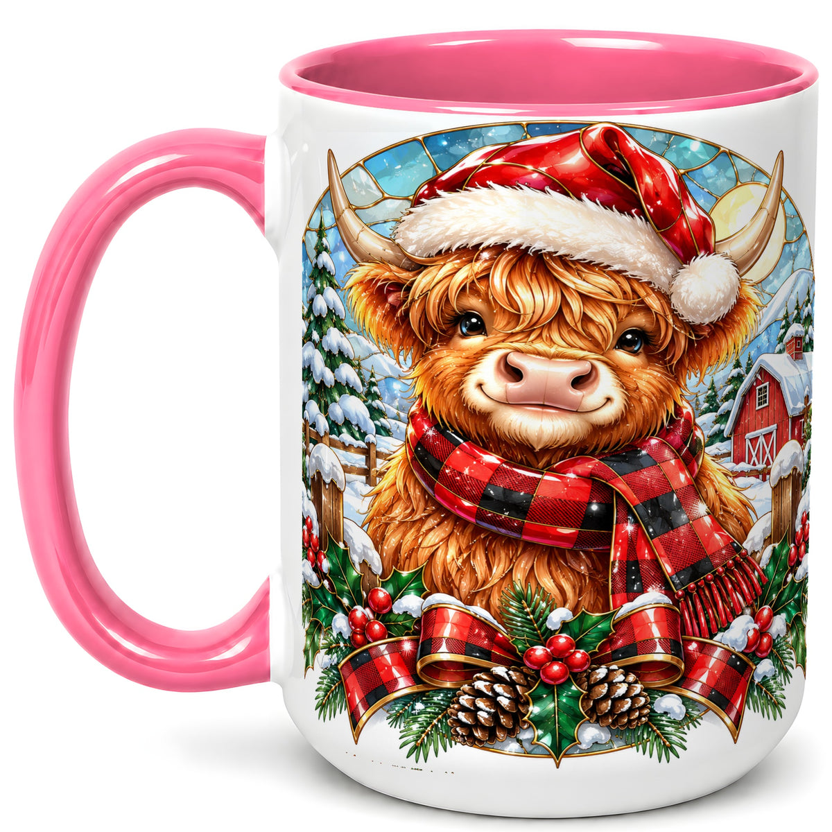 #pl[15oz|Pink] Santa Highland Cow Coffee Mug, Christmas Cow Mug, Ceramic Cup