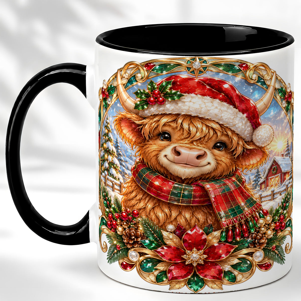 #pl[11oz|Black] Jeweled Highland Cow Coffee Mug, Christmas Cow Mug, Ceramic Cup