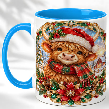 #pl[11oz|Blue] Jeweled Highland Cow Coffee Mug, Christmas Cow Mug, Ceramic Cup