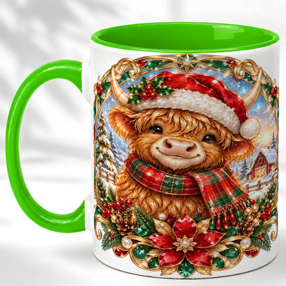 #pl[11oz|Green] Jeweled Highland Cow Coffee Mug, Christmas Cow Mug, Ceramic Cup