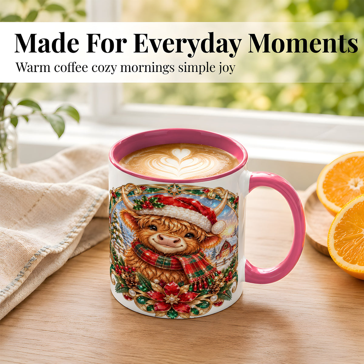 #pl[11oz|Pink] Jeweled Highland Cow Coffee Mug, Christmas Cow Mug, Ceramic Cup