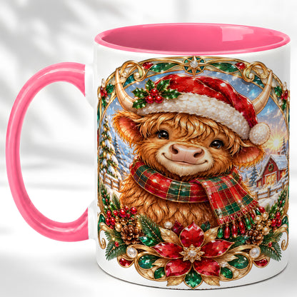 #pl[11oz|Pink] Jeweled Highland Cow Coffee Mug, Christmas Cow Mug, Ceramic Cup