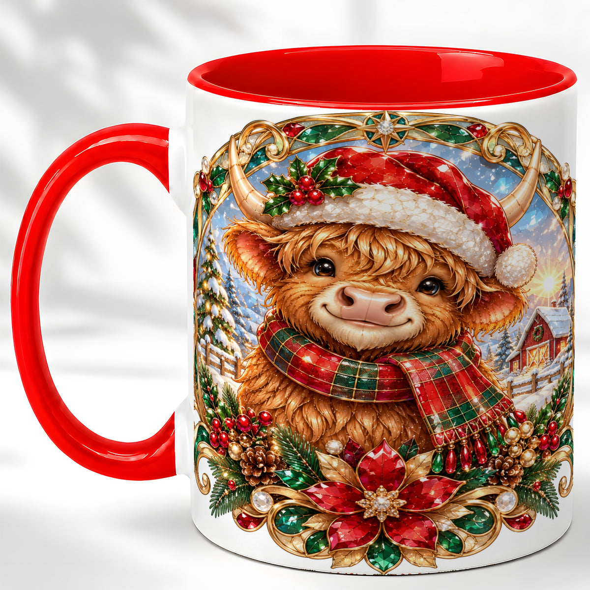 Jeweled Highland Cow Coffee Mug, Christmas Cow Mug, Ceramic Cup