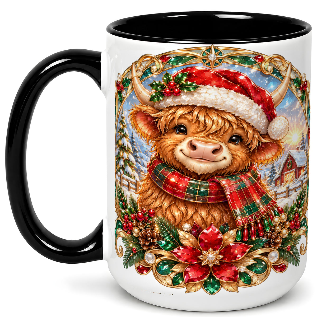 #pl[15oz|Black] Jeweled Highland Cow Coffee Mug, Christmas Cow Mug, Ceramic Cup