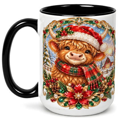 #pl[15oz|Black] Jeweled Highland Cow Coffee Mug, Christmas Cow Mug, Ceramic Cup
