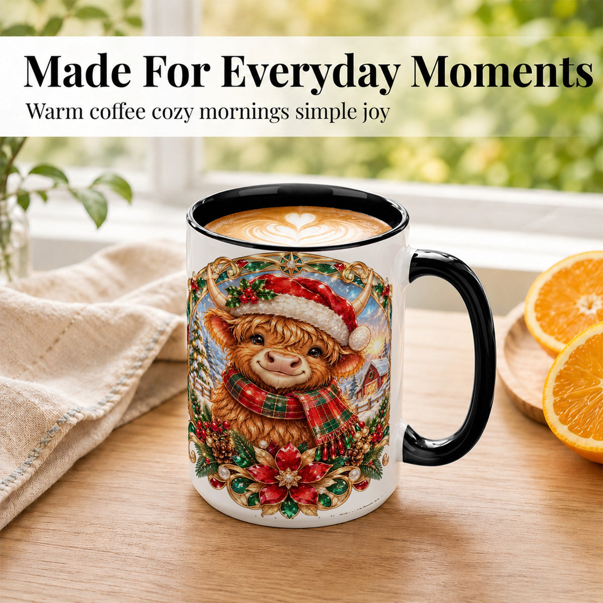 #pl[15oz|Black] Jeweled Highland Cow Coffee Mug, Christmas Cow Mug, Ceramic Cup