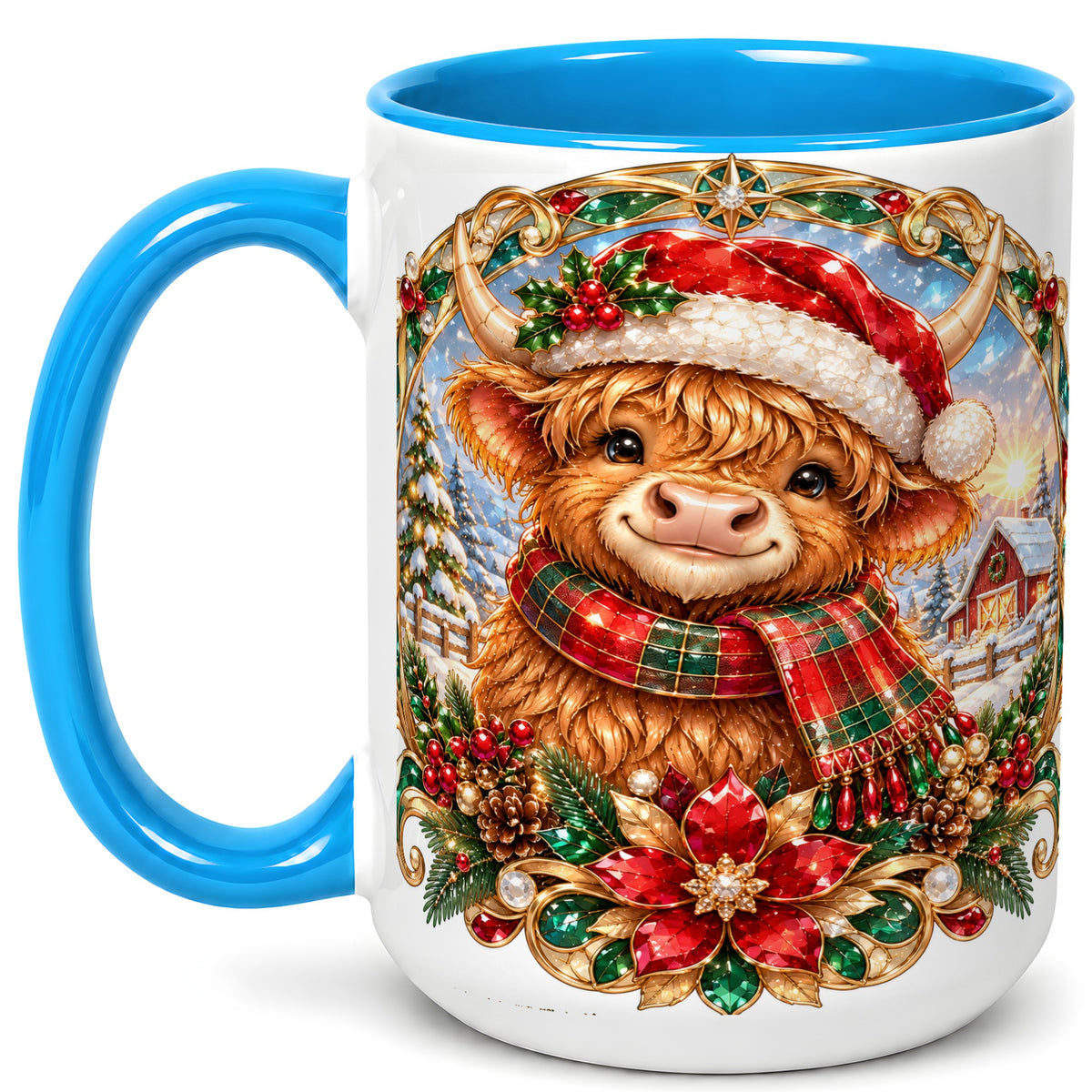 #pl[15oz|Blue] Jeweled Highland Cow Coffee Mug, Christmas Cow Mug, Ceramic Cup