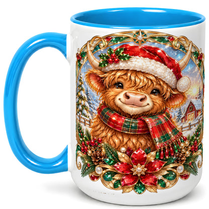 #pl[15oz|Blue] Jeweled Highland Cow Coffee Mug, Christmas Cow Mug, Ceramic Cup
