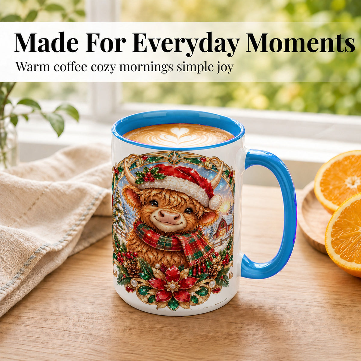 #pl[15oz|Blue] Jeweled Highland Cow Coffee Mug, Christmas Cow Mug, Ceramic Cup