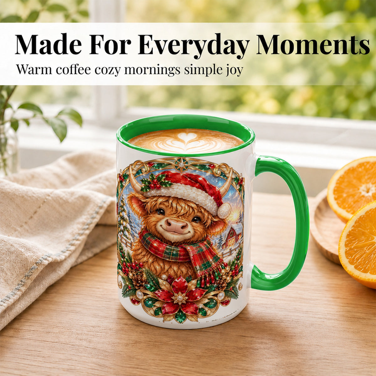 #pl[15oz|Green] Jeweled Highland Cow Coffee Mug, Christmas Cow Mug, Ceramic Cup