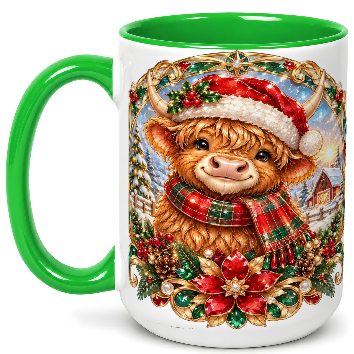 #pl[15oz|Green] Jeweled Highland Cow Coffee Mug, Christmas Cow Mug, Ceramic Cup