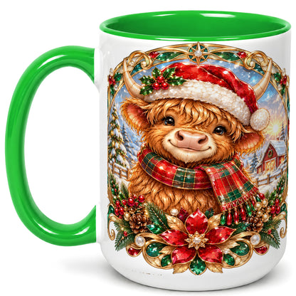 #pl[15oz|Green] Jeweled Highland Cow Coffee Mug, Christmas Cow Mug, Ceramic Cup