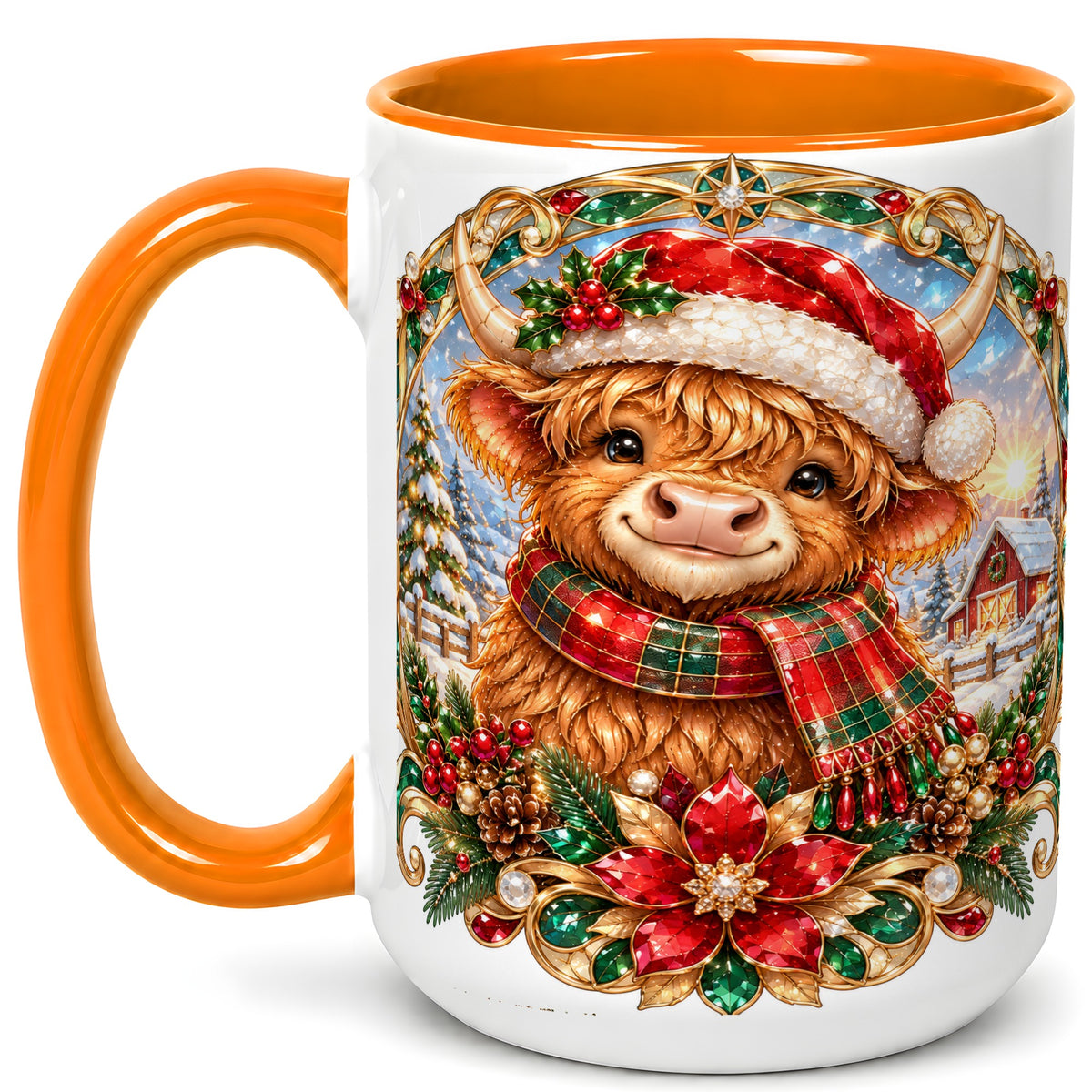 #pl[15oz|Orange] Jeweled Highland Cow Coffee Mug, Christmas Cow Mug, Ceramic Cup