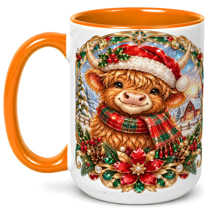 #pl[15oz|Orange] Jeweled Highland Cow Coffee Mug, Christmas Cow Mug, Ceramic Cup
