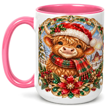 #pl[15oz|Pink] Jeweled Highland Cow Coffee Mug, Christmas Cow Mug, Ceramic Cup