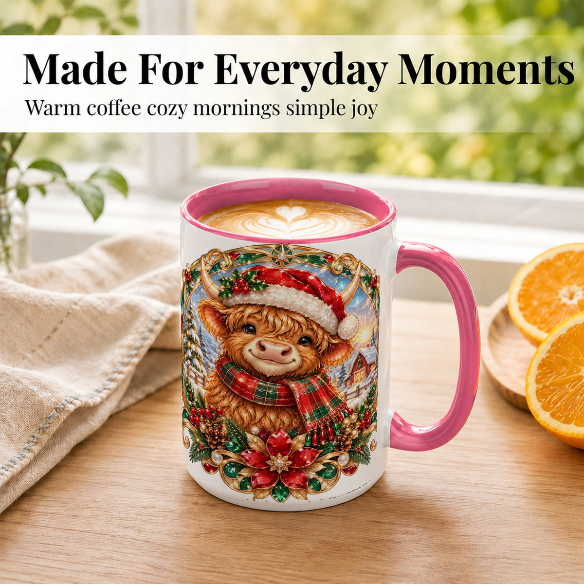 #pl[15oz|Pink] Jeweled Highland Cow Coffee Mug, Christmas Cow Mug, Ceramic Cup