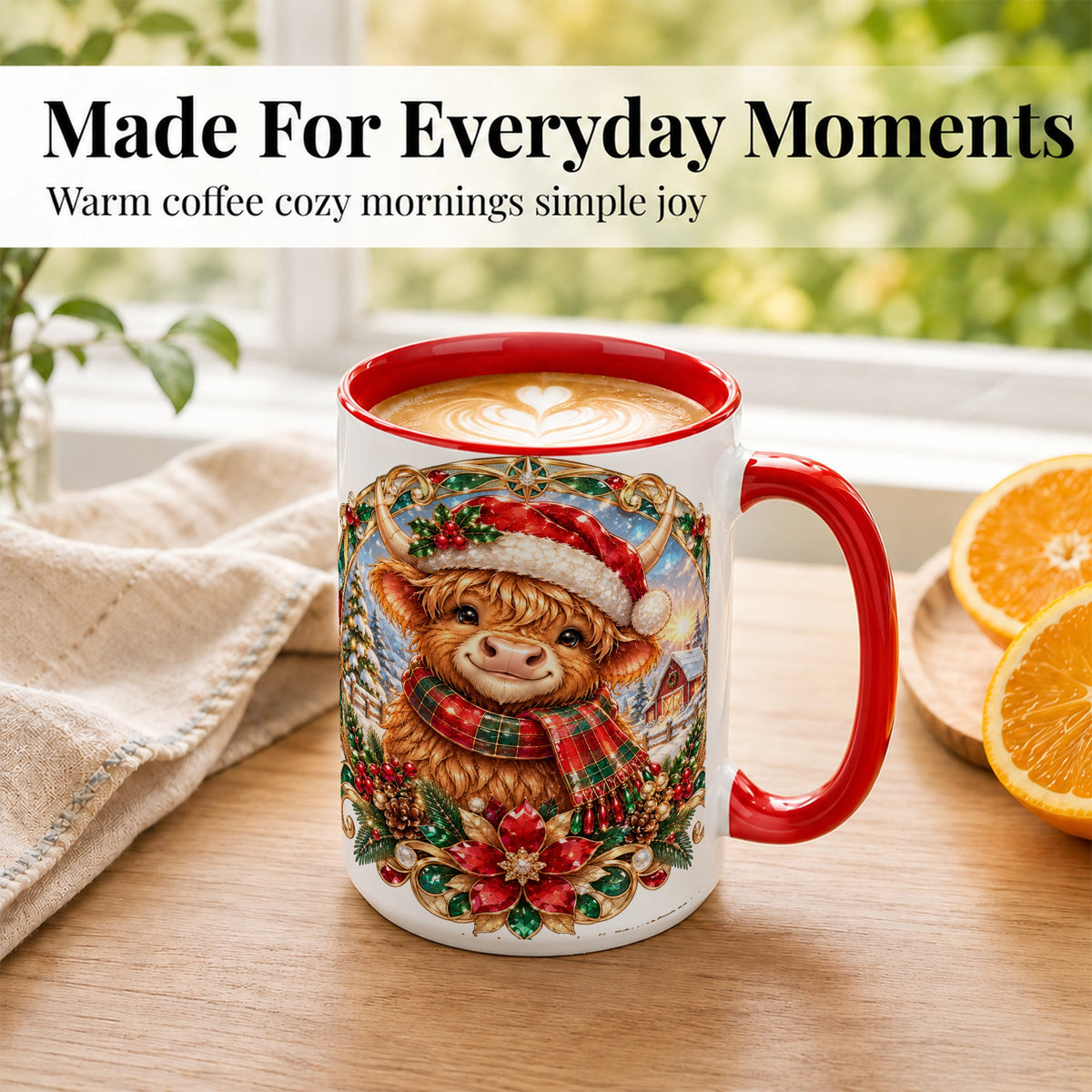 #pl[15oz|Red] Jeweled Highland Cow Coffee Mug, Christmas Cow Mug, Ceramic Cup