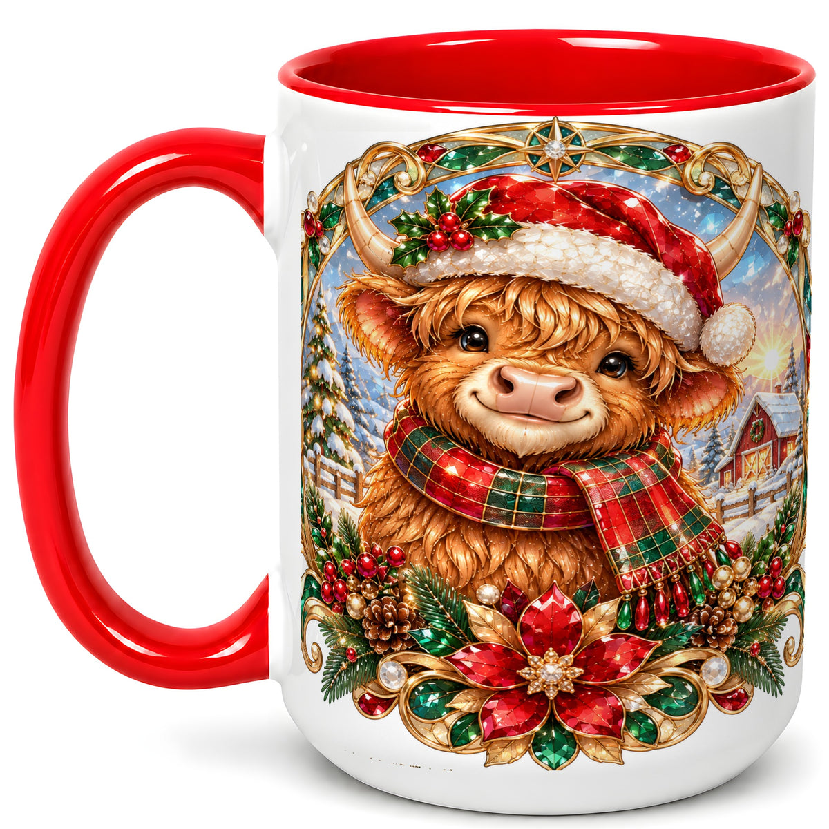 #pl[15oz|Red] Jeweled Highland Cow Coffee Mug, Christmas Cow Mug, Ceramic Cup