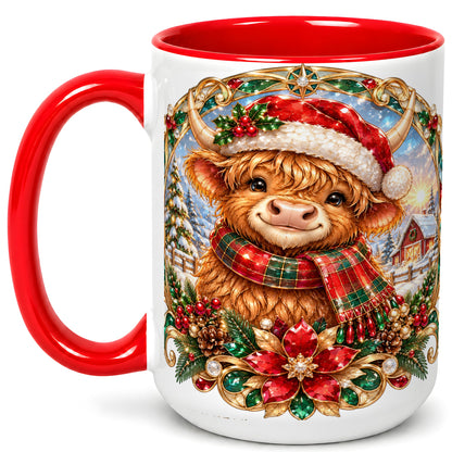 #pl[15oz|Red] Jeweled Highland Cow Coffee Mug, Christmas Cow Mug, Ceramic Cup