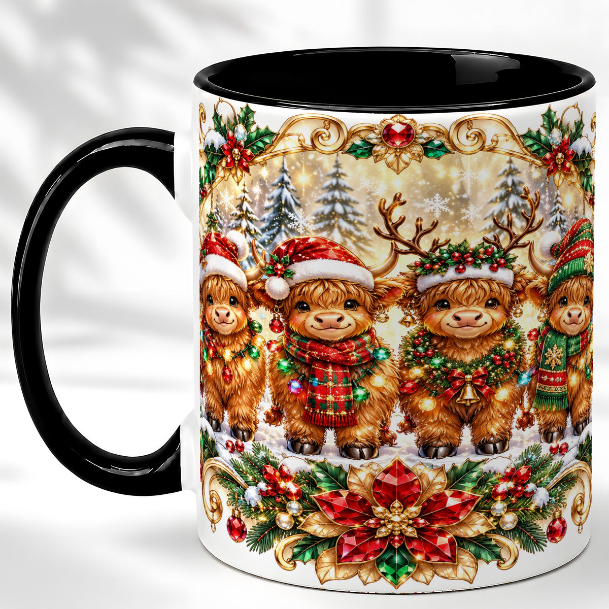 #pl[11oz|Black] Four Highland Cows Coffee Mug, Christmas Cow Mug, Ceramic Cup