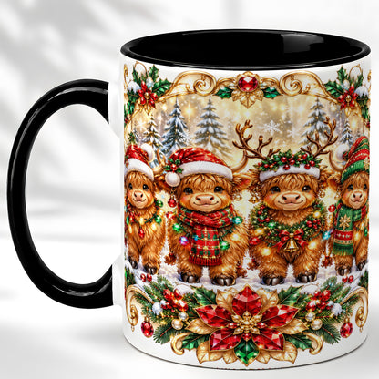#pl[11oz|Black] Four Highland Cows Coffee Mug, Christmas Cow Mug, Ceramic Cup