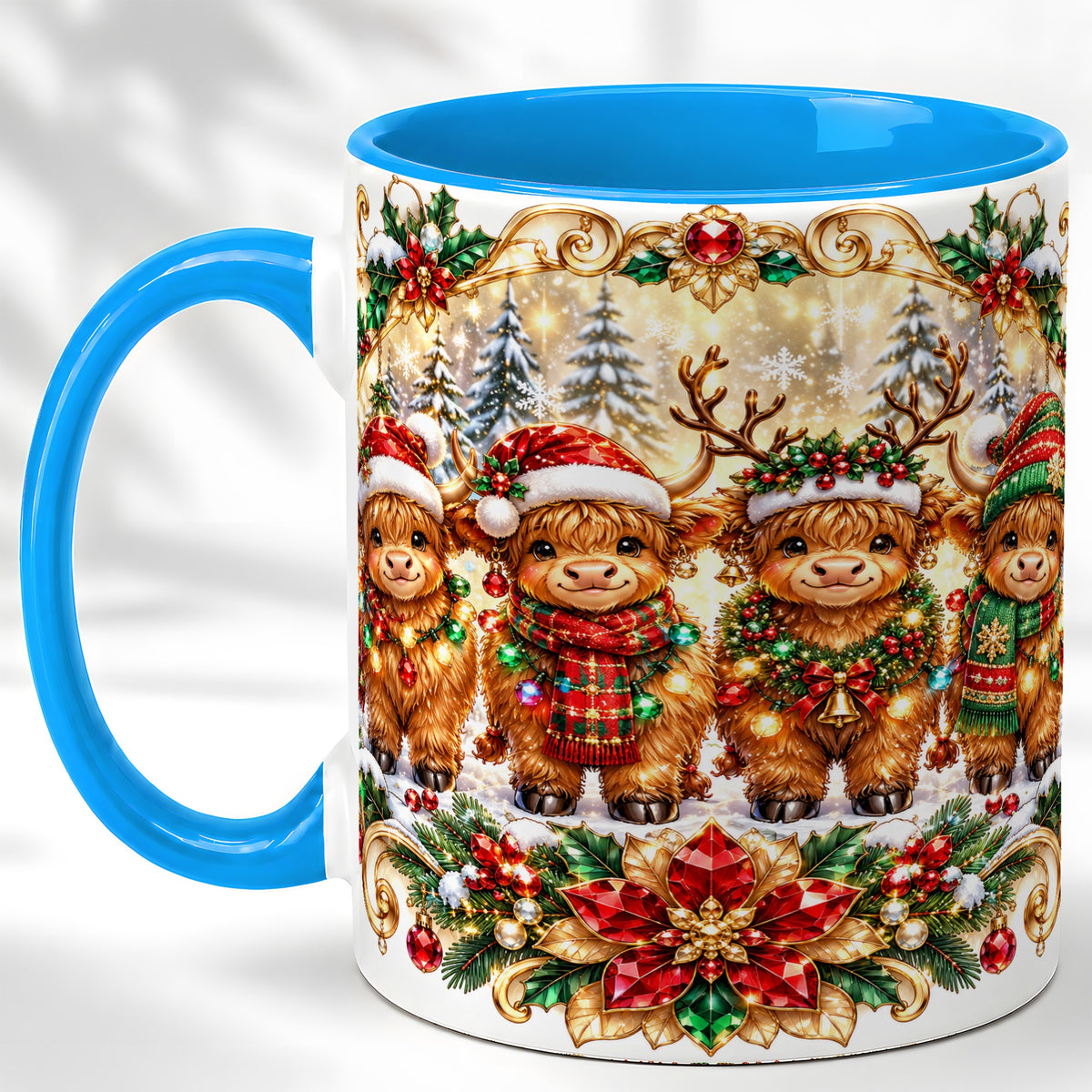 #pl[11oz|Blue] Four Highland Cows Coffee Mug, Christmas Cow Mug, Ceramic Cup