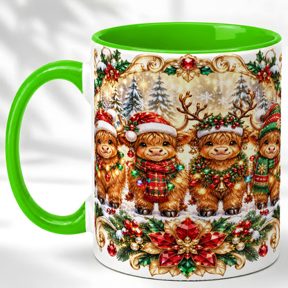 #pl[11oz|Green] Four Highland Cows Coffee Mug, Christmas Cow Mug, Ceramic Cup