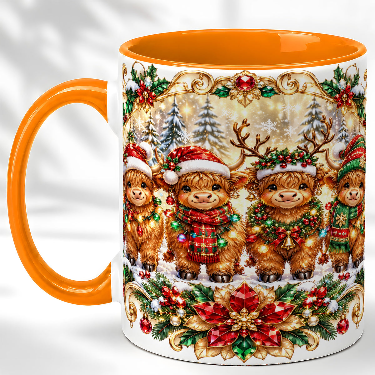 #pl[11oz|Orange] Four Highland Cows Coffee Mug, Christmas Cow Mug, Ceramic Cup