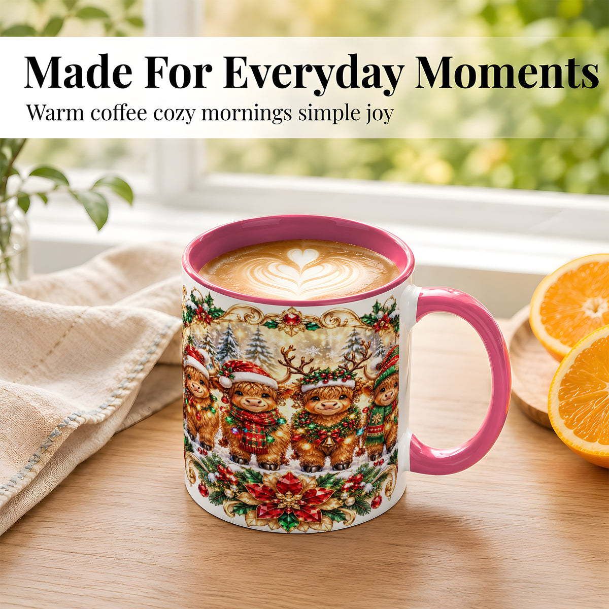 #pl[11oz|Pink] Four Highland Cows Coffee Mug, Christmas Cow Mug, Ceramic Cup