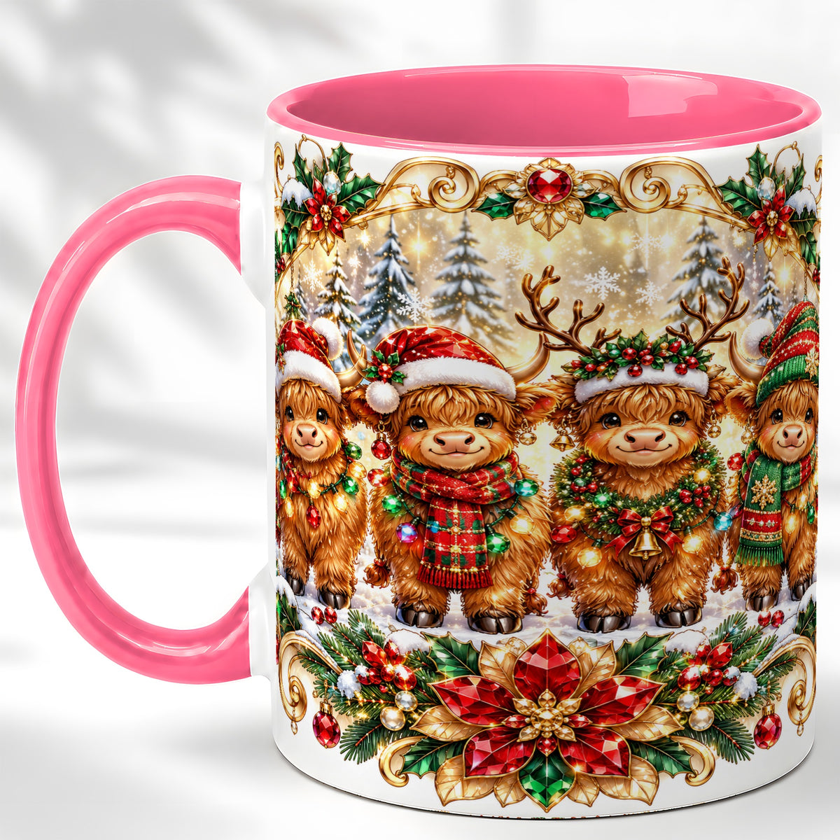 #pl[11oz|Pink] Four Highland Cows Coffee Mug, Christmas Cow Mug, Ceramic Cup