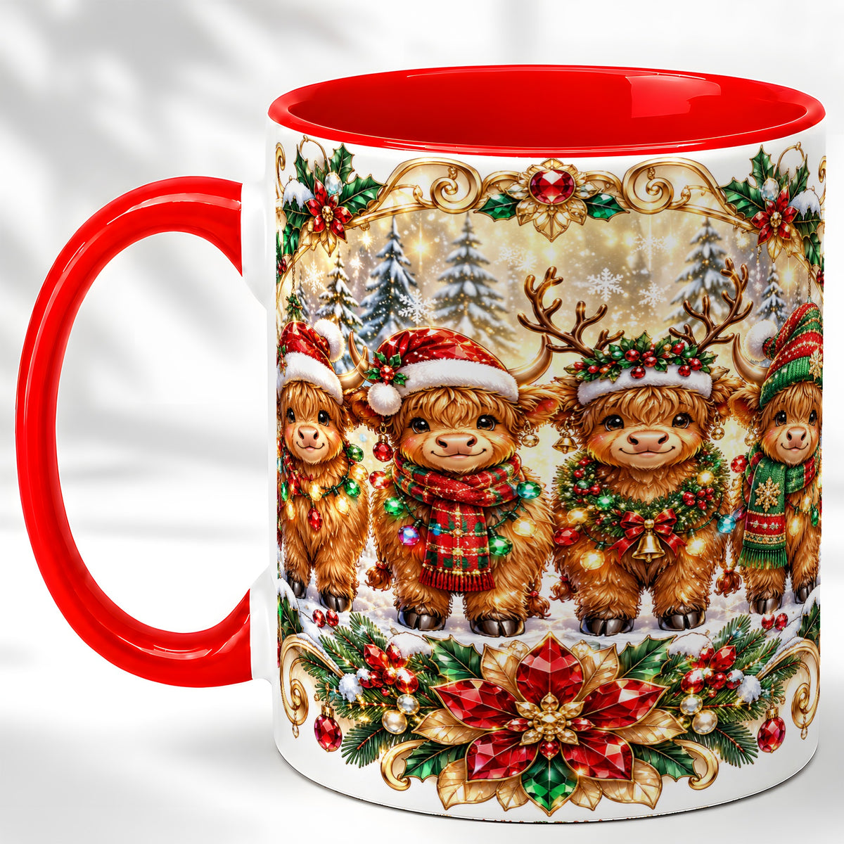 Four Highland Cows Coffee Mug, Christmas Cow Mug, Ceramic Cup