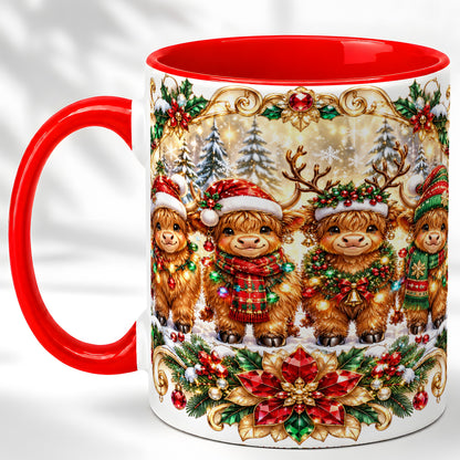 Four Highland Cows Coffee Mug, Christmas Cow Mug, Ceramic Cup