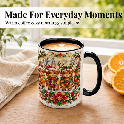 #pl[15oz|Black] Four Highland Cows Coffee Mug, Christmas Cow Mug, Ceramic Cup