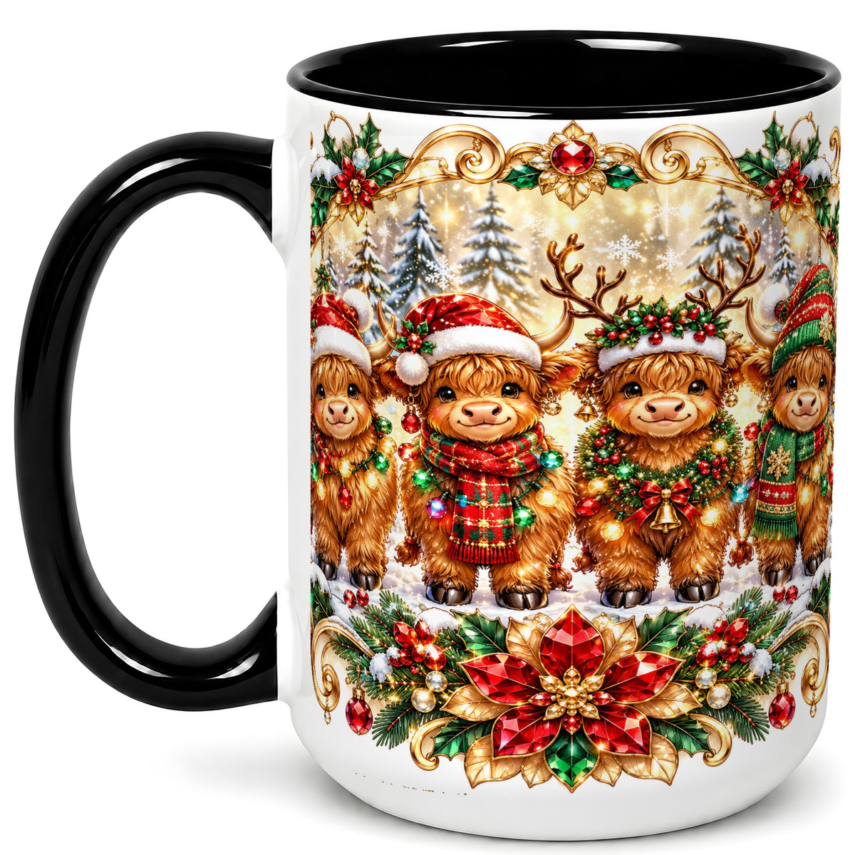 #pl[15oz|Black] Four Highland Cows Coffee Mug, Christmas Cow Mug, Ceramic Cup