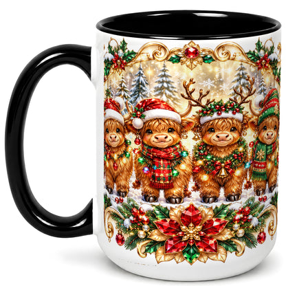#pl[15oz|Black] Four Highland Cows Coffee Mug, Christmas Cow Mug, Ceramic Cup