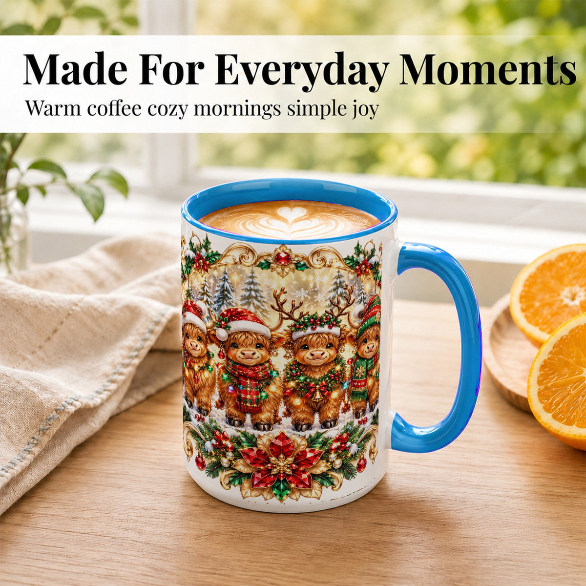 #pl[15oz|Blue] Four Highland Cows Coffee Mug, Christmas Cow Mug, Ceramic Cup