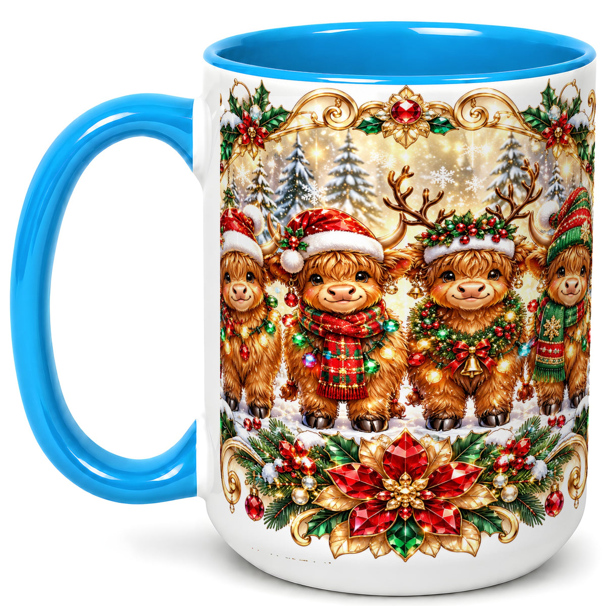 #pl[15oz|Blue] Four Highland Cows Coffee Mug, Christmas Cow Mug, Ceramic Cup