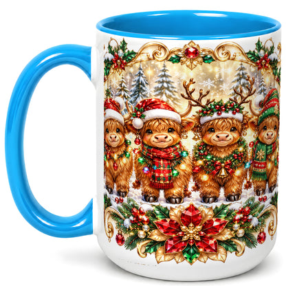#pl[15oz|Blue] Four Highland Cows Coffee Mug, Christmas Cow Mug, Ceramic Cup