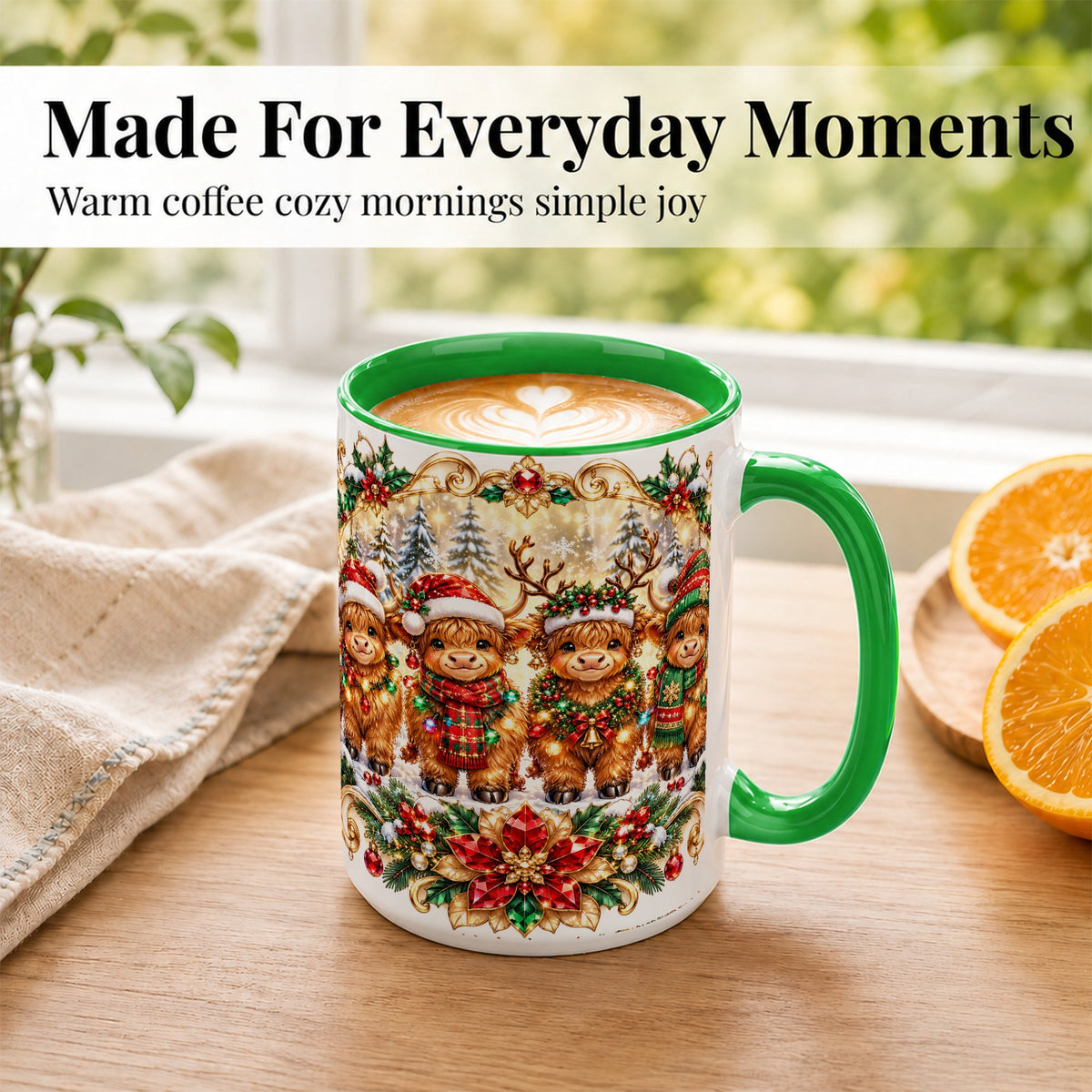 #pl[15oz|Green] Four Highland Cows Coffee Mug, Christmas Cow Mug, Ceramic Cup