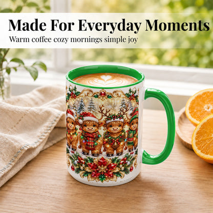 #pl[15oz|Green] Four Highland Cows Coffee Mug, Christmas Cow Mug, Ceramic Cup